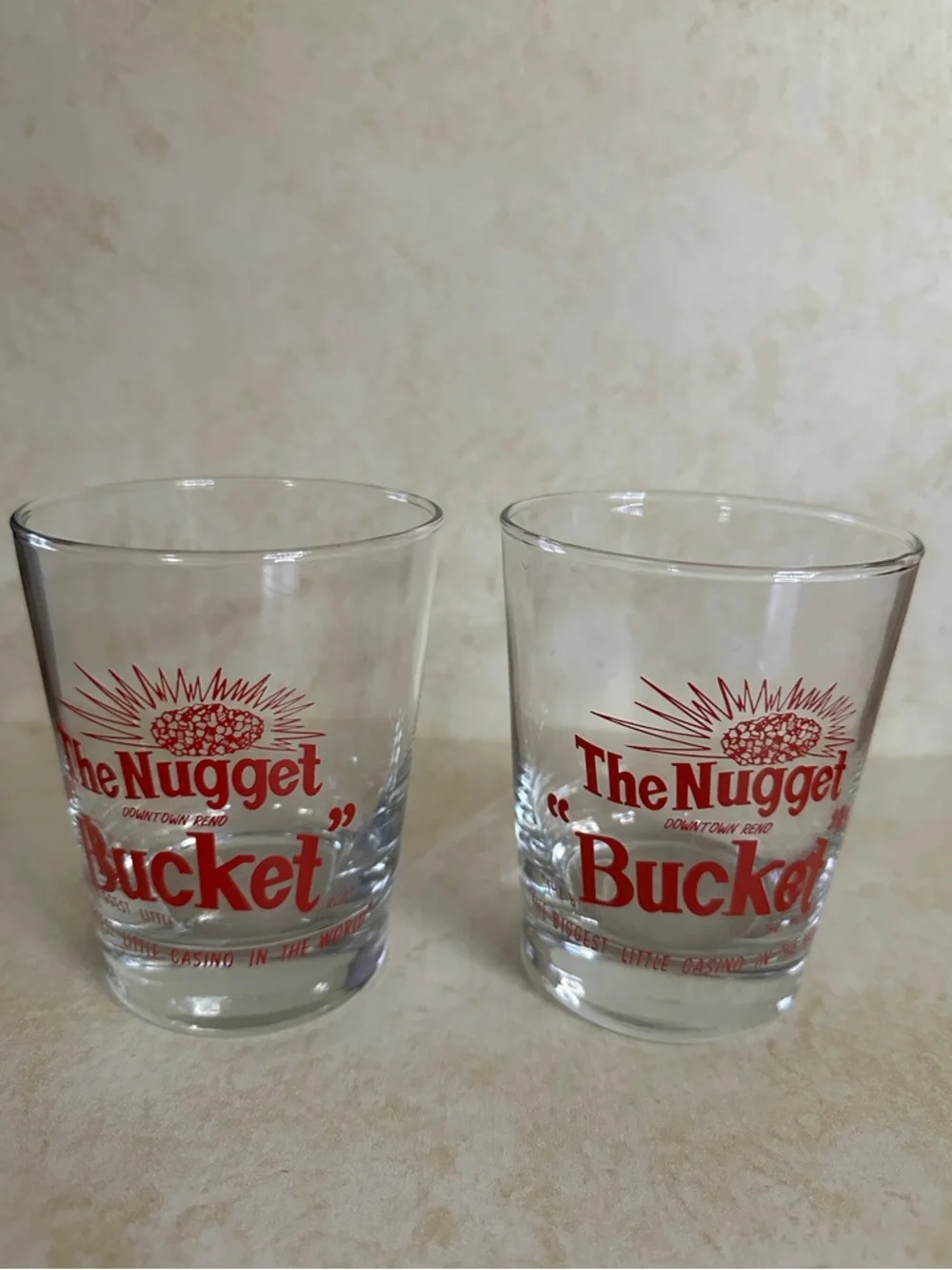 2 Vintage The Nugget Bucket Reno Casino Cocktail Bar Glasses Red Lettering 4.5”